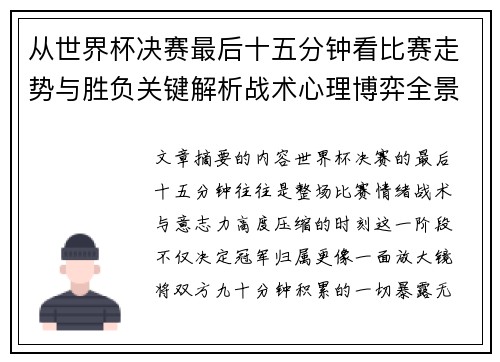 从世界杯决赛最后十五分钟看比赛走势与胜负关键解析战术心理博弈全景复盘