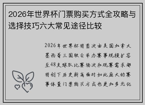 2026年世界杯门票购买方式全攻略与选择技巧六大常见途径比较 2026年世界杯门票购买方式全攻略与选择技巧六大常见途径比较